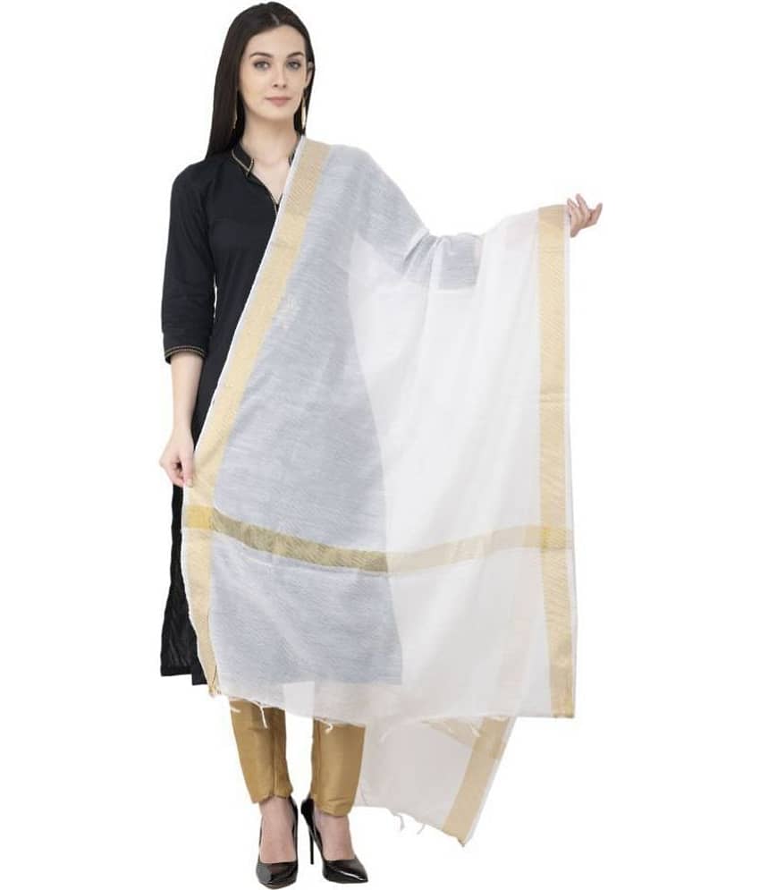 A R Silk White Chanderi Hand Embroidered Dupatta - Single