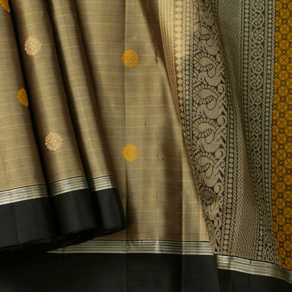 Beige And Black Kanchipuram Silk Saree With Silver Zari For Office Wear PV KNN 297