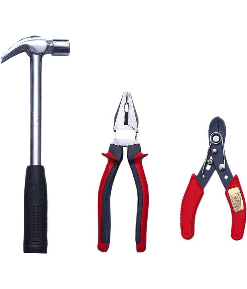 GLOBUS 803 Home Hand Tool KIT Pack of 3 PCS (8" PLIER, 1/2 LBS Hammer, 6" Wire Stripper) with Tool KIT Bag