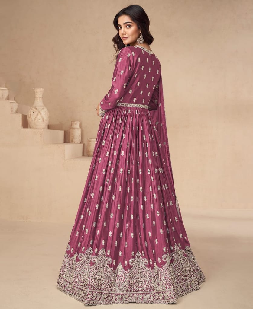 traditional front slit pink chinon anarkali set for women