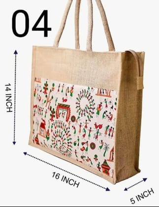S R CRAFTS Natural Jute & Canvas Tote Bag with Adivasi Print – 14″×16″×5″