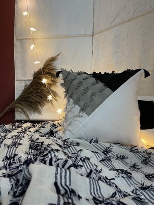 KRI India Distressed Black, Grey & White blocked Cushion Cover 16x16" | Wash & Care | 100% Cotton | Handcrafted in India. 100% organic & natural.