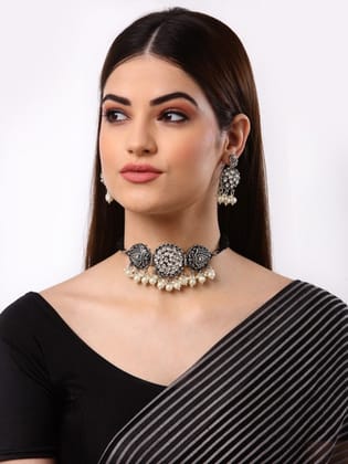 Oxidised Metallic-Toned & White Stone Studded Jewellery Set