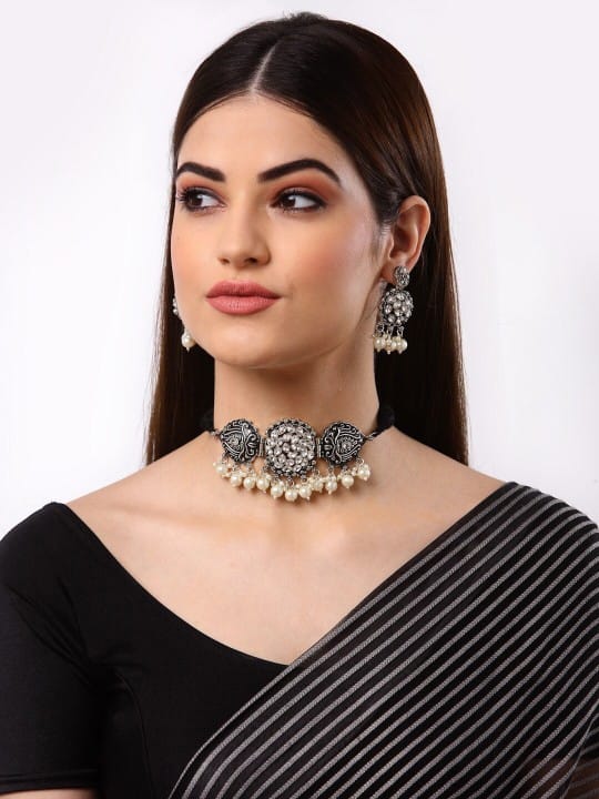 Oxidised Metallic-Toned & White Stone Studded Jewellery Set