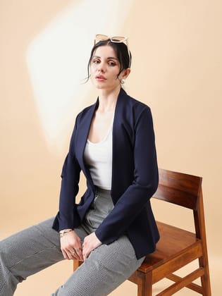 Lapel less Stretch Blazer- Navy-S