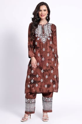 The Chikankari Story Embroidered  Rayon Tie-Dyed  Chikankari Brown Kurti plazzo set having bollywood 3D Embroidery.-S