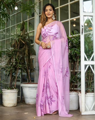 Lavender Georgette Saree with Hand-Painted Purple Floral Motifs & Pearl Highlights – Attached Blouse – 5.5 Meters-Regular