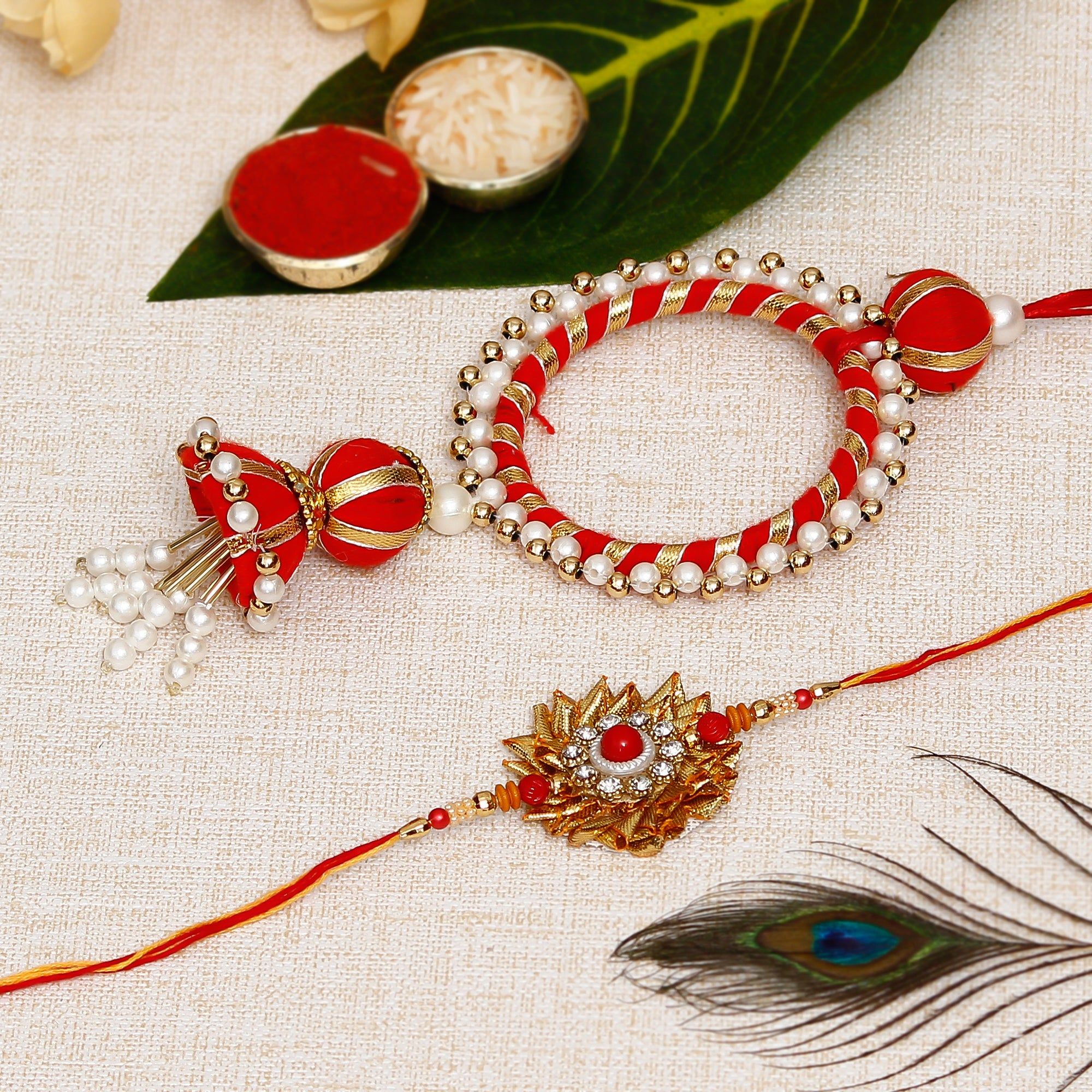 Designer Gota Patti Bhaiya Bhabhi Rakhi and Roli Chawal Pack