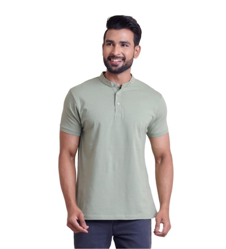 Men's Casual Cotton Solid Half Sleeve Mandarin Collar T-Shirt (Newsage, L)-PID57330
