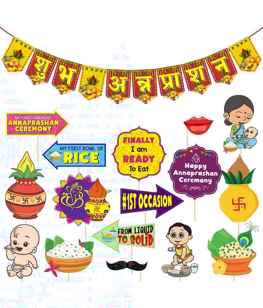Zyozi Annaprasanam Photo Booth Props with Annaprasanam Bunting Banner Hindi Font Shubh Annaprashan Yellow & Red Color Font/Rice Ceremony Decorations Items/Rice Ceremony Props (Pack of 17)