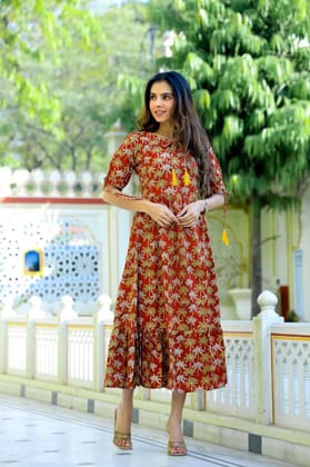 TRADITIONAL BAGRU PRINTBagru Hand Block Printed Cotton One Piece DressAttached Dori with Tussle in Neck Line..