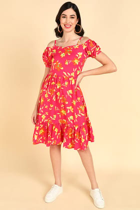 Pink Georgette Floral Printed Off Shoulder Midi Dress VD1175A Pink Georgette Floral Printed Off Shoulder Midi Dress VD1175A