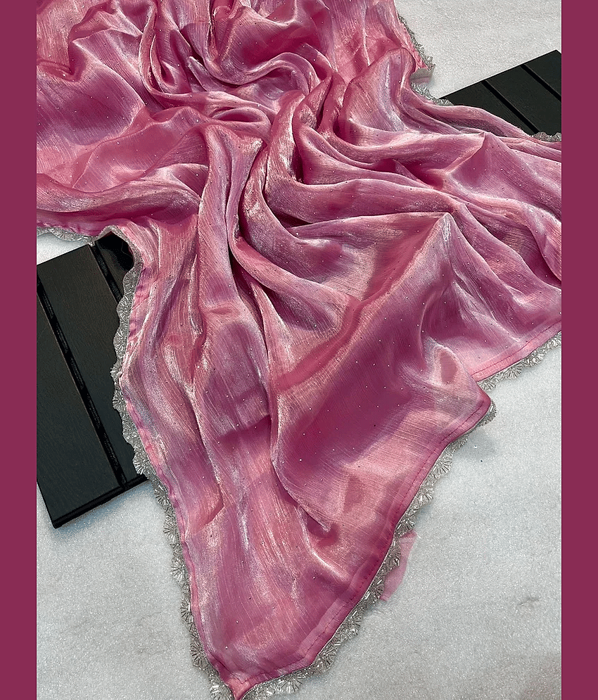 A TO Z CART Net Embellished Saree With Unstitched Blouse Piece ( Peach )