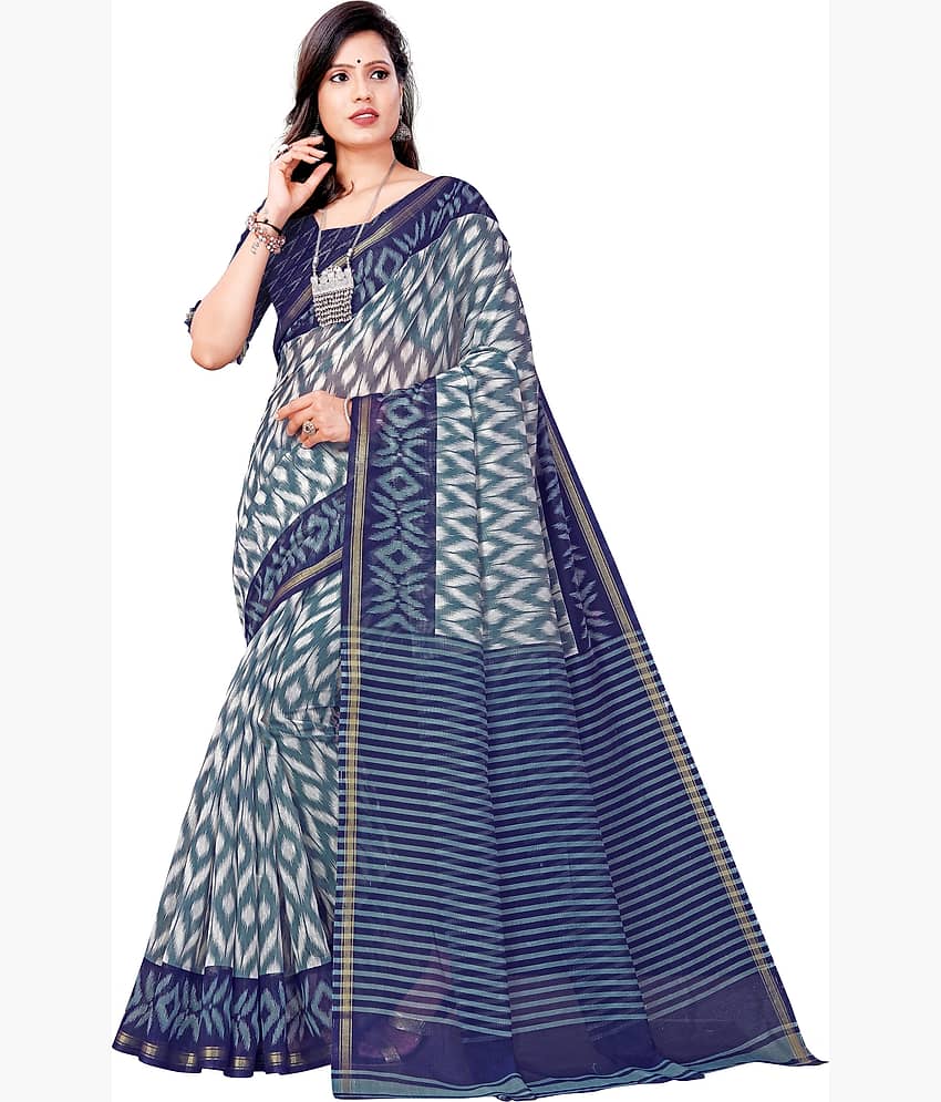 Kanooda Prints Cotton Blend Woven Saree With Unstitched Blouse Piece ( Blue )