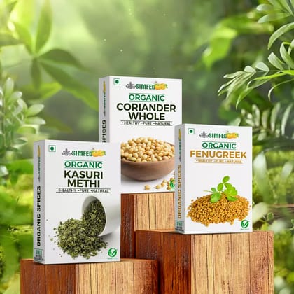 SIMFED Organic Whole Spice Combo – Fenugreek 100 gm , Kasuri Methi  50 gm& Coriander 100 gm(Pack of 3)