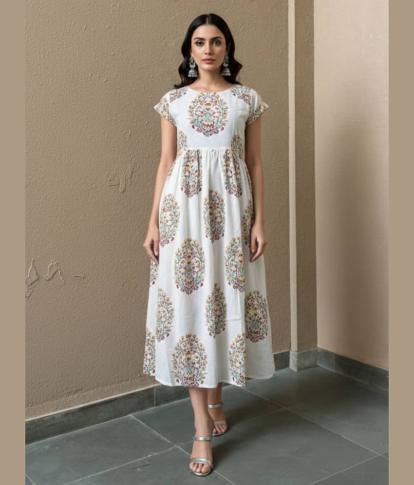 Royal Export Women Cotton Blend Printed A-line Dress ( White )