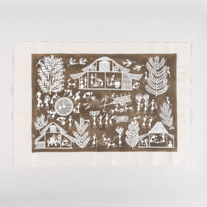 Warli Painting Stick Figures Village Scene - 16x22 Unframed-Brown / White / Cotton