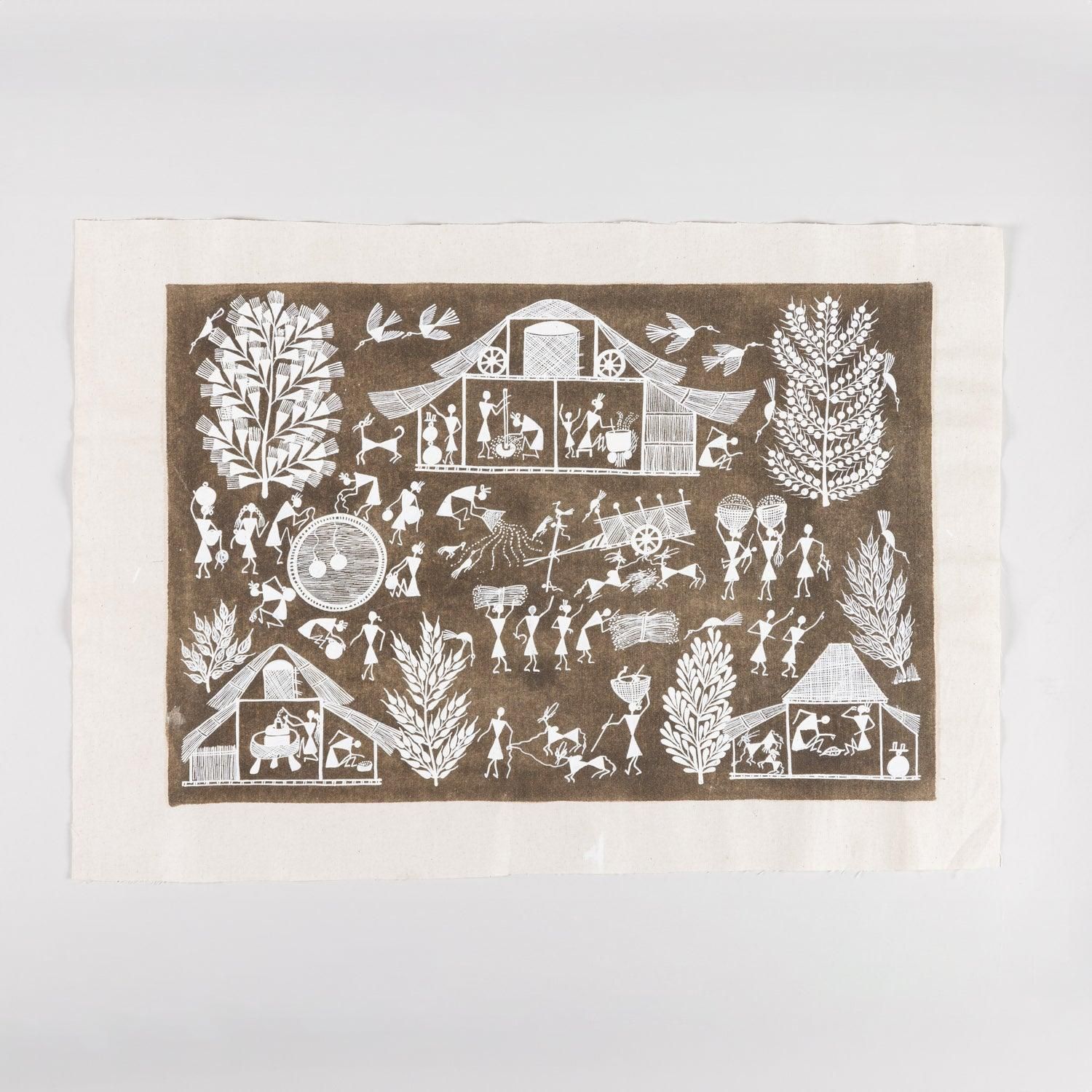 Warli Painting Stick Figures Village Scene - 16x22 Unframed-Brown / White / Cotton