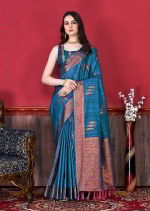 Yavira silk Women's Blue Handwoven Cotton Blend Saree