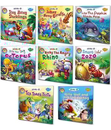 Itsy Bitsy Duckling, Johny The Nosy Giraffe, Lila The Dolphin Needs Help, Otto The Shy Octopus, Ricky The Angry Rhino, Smart Ant Zozo, Ted Toads Teeth, Willie Wolf And Hicks Hedgehog | Set Of 8 0-Level Story Books