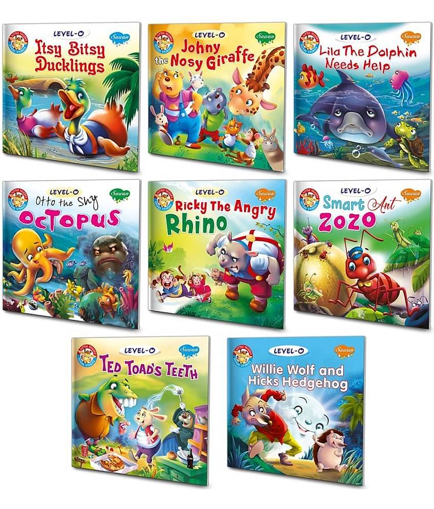 Itsy Bitsy Duckling, Johny The Nosy Giraffe, Lila The Dolphin Needs Help, Otto The Shy Octopus, Ricky The Angry Rhino, Smart Ant Zozo, Ted Toads Teeth, Willie Wolf And Hicks Hedgehog | Set Of 8 0-Level Story Books