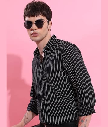 Highlander 100% Cotton Slim Fit Striped Full Sleeves Men's Casual Shirt - Black ( Pack of 1 )