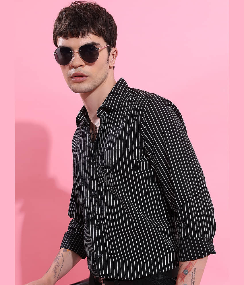 Highlander 100% Cotton Slim Fit Striped Full Sleeves Men's Casual Shirt - Black ( Pack of 1 )