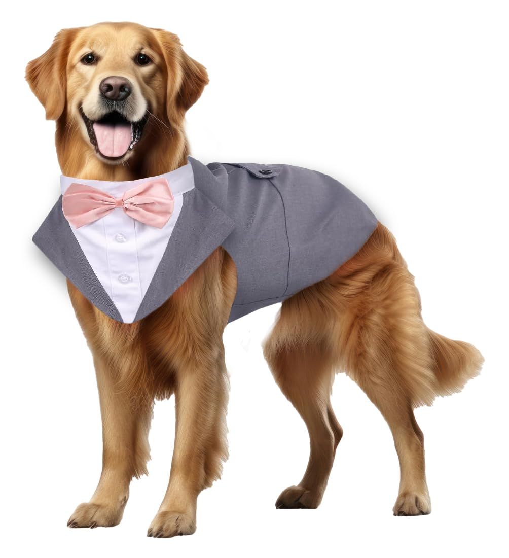 Buraq Pets Dog Tuxedo Dress Suit Bandana Set, Bow tie, Wedding Party Suit, for Small Medium Large, Male and Female Dogs Golden Retriever, Labrador, shitzu, Pug (S - Grey)-S