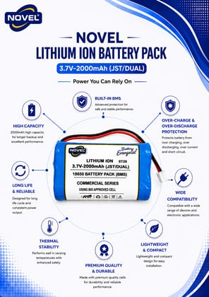 NOVEL 3.7V BMS 18650 LITHIUM ION DUAL BATTERY PACK WITH JST 2PIN- 2000mAh