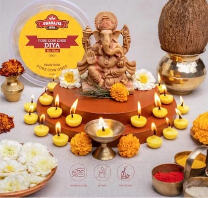 Swarajya India Cow Ghee Diya for Puja | Wax Free Vegan Ghee Batti | Jyot for Puja and Aarti | Yellow | 100 Pieces
