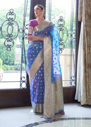 Chicago Blue Woven Organza Silk Saree