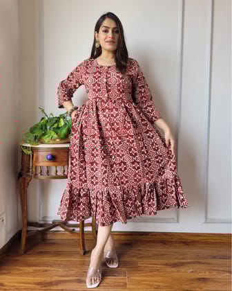 Nazakat Cotton Blocprinted Deep Maroon Long Dress-S (36)