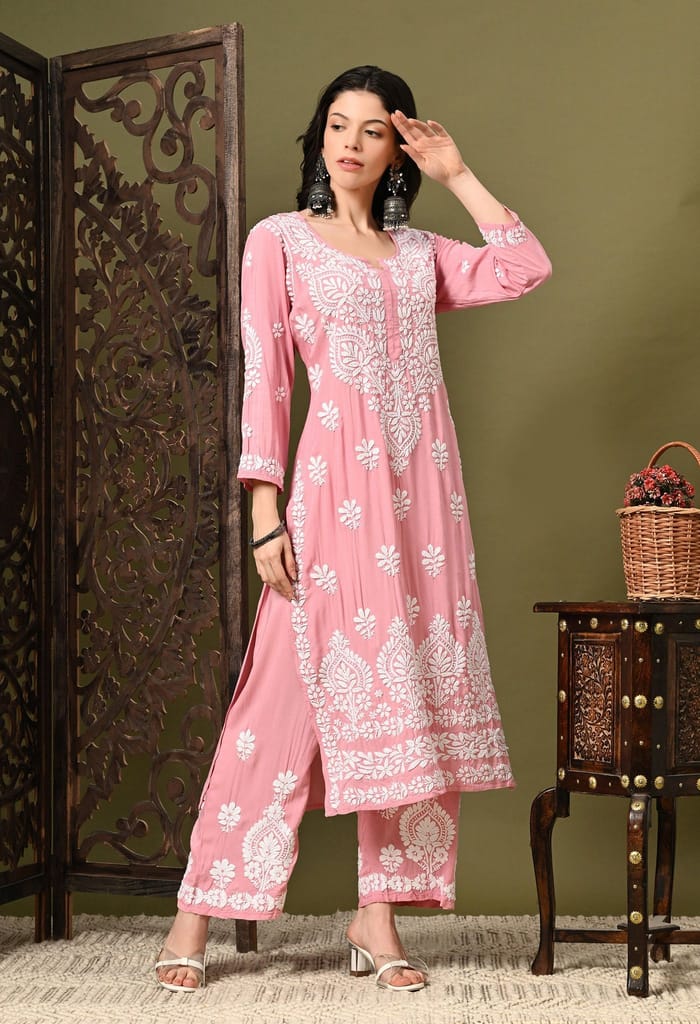 Chikankari (3D) Work on Modal Fabric-Pastel Pink