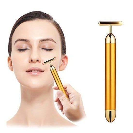 24K Gold Energy Beauty Bar Electric Vibration Facial Massage Waterproof Roller Face Skin Care T-Shaped Anti Wrinkle Massager for Forehead, Cheek, Neck, Clavicle Arm Leg (Original Quality)