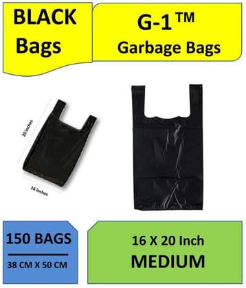 G-1 - Garbage Bags with Handle Medium Black | 5 Packs | 150 Pcs | Dustbin Trash Waste Dustbin Disposable Covers - Size 16 X 20 inch
