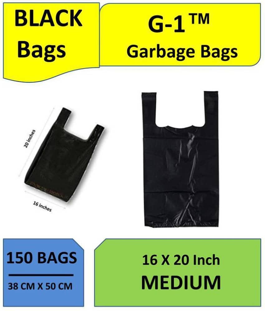 G-1 - Garbage Bags with Handle Medium Black | 5 Packs | 150 Pcs | Dustbin Trash Waste Dustbin Disposable Covers - Size 16 X 20 inch