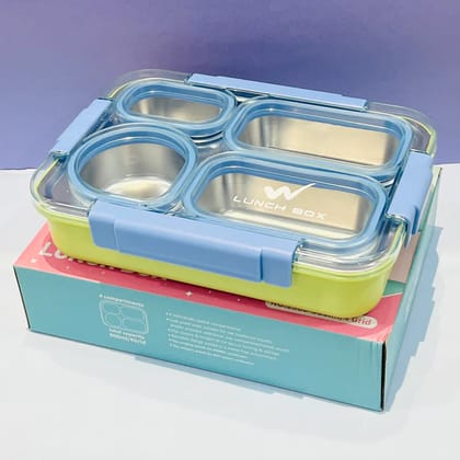 Double Color 4 Compartment Stainless Steel Lunch Box (900ml)-Blue Green