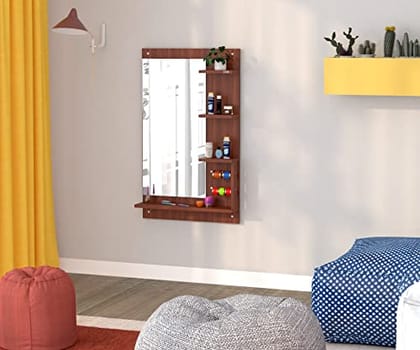 DAS Adela Engineered Wood Wall Mount Dressing Table Vanity Mirror with Shelves and Bangle Holder- Classic Walnut