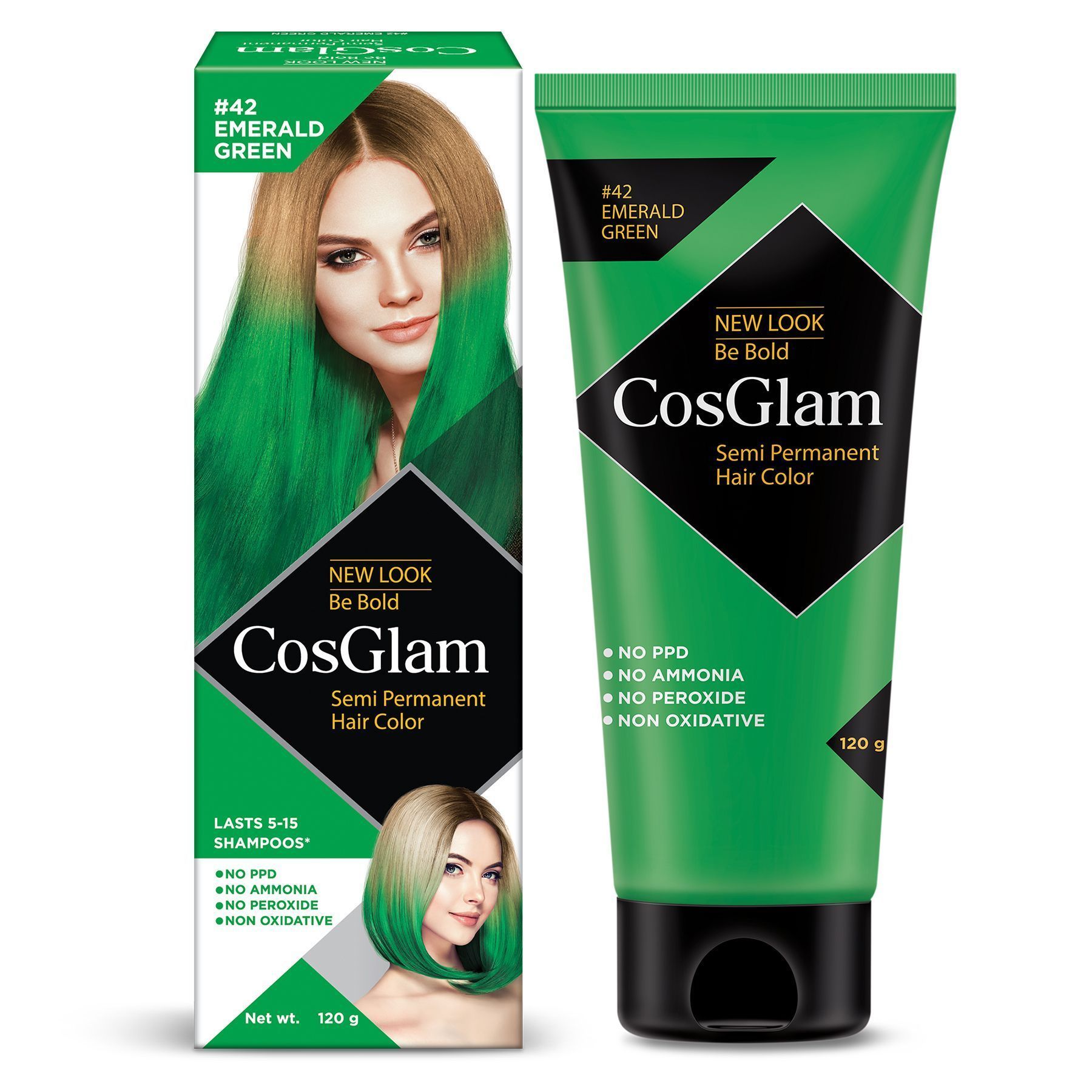 COSGLAM Semi Permanent Hair Color, No Peroxide, Non Oxidative, Ammonia Free Hair Colour 42 Emerald Green - 120gm