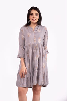 Mul Cotton Printed Front Button Tunic Dress-Grey / S