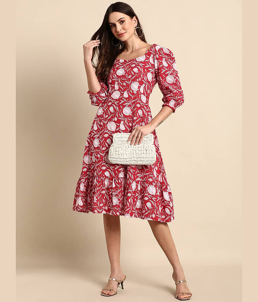 Janasya Women Cotton A-line Dress ( Red )