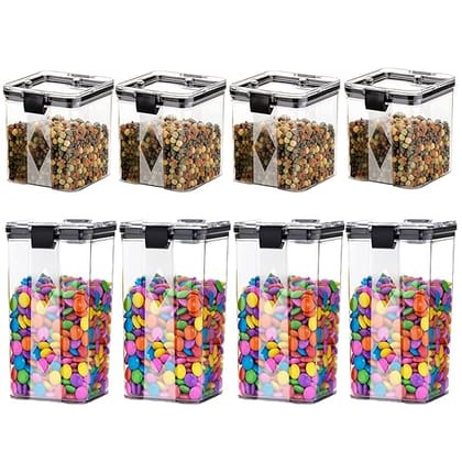 Air Tight Containers For Kitchen Storage Set, Plastic Boxes For Storage, Kitchen Organizer & Kitchen Accessories Items (700Ml And 1100 Ml, 8 Pcs)(Plastic), Transparent