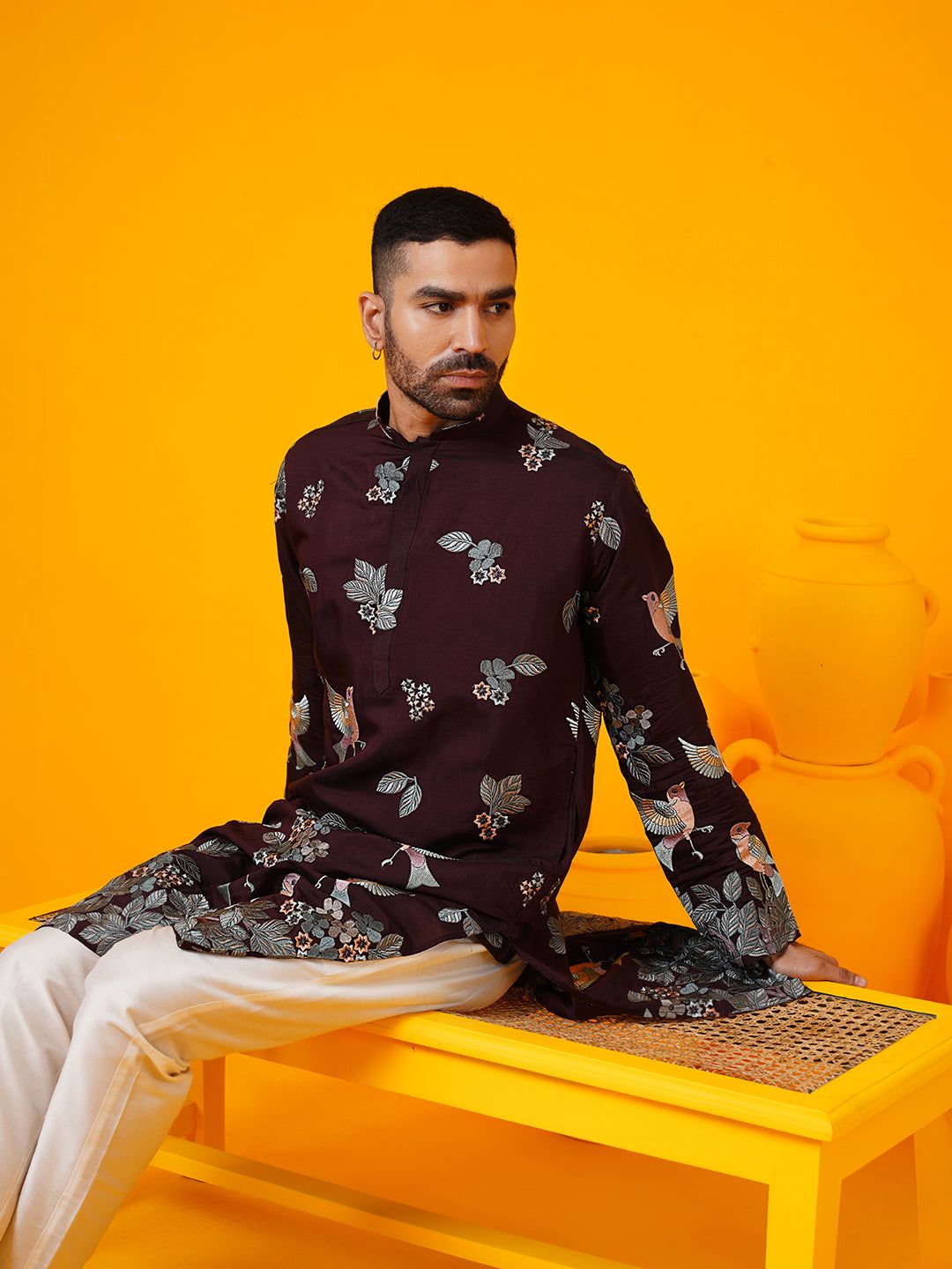 Men's Cotton Silk MultiColored Resham Embroidered Wine Kurta and Trouser-38
