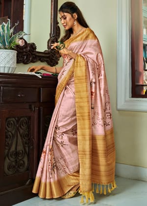 Pastel Pink Woven Banarasi Soft Silk Saree With Digital Print