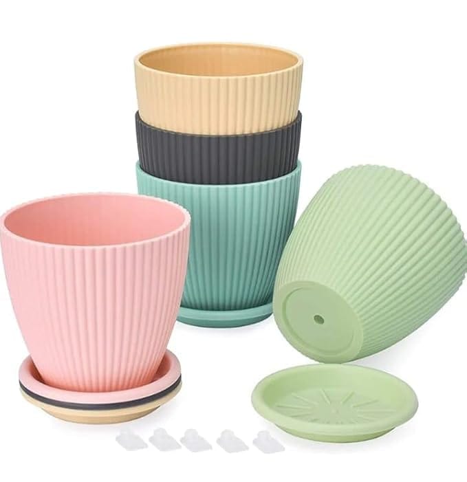 Decorative Plant Pots with Drainage Trays, 5 Pieces, Pastel Colours, Ribbed Design