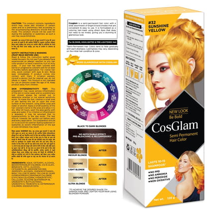 COSGLAM Semi Permanent Hair Color, No Peroxide, Non Oxidative, Ammonia Free Hair Colour 32 Sushine Yellow - 120gm