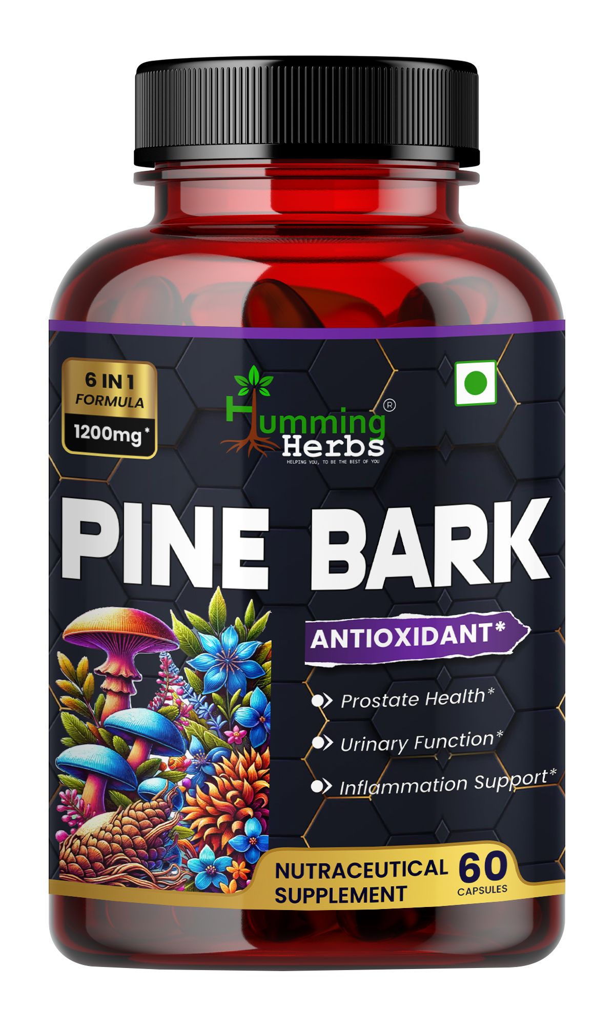 Humming Herbs Pine Bark Extract Capsules 1200mg - Potent Antioxidant for Prostate Health, Urinary Function, and Inflammatory Support - With Lions Mane, Turmeric, Alpha Lipoic Acid