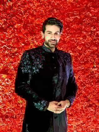 Aman Maheshwari in Navy velvet embroidery Achkan-Made To Measure / Indo Pant Set