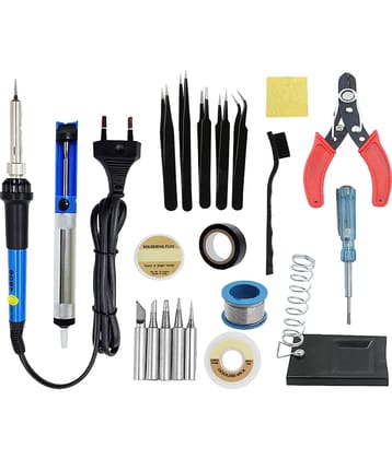 ALDECO: ( 21 in 1 ) SOLDERING IRON 25 Watt Professional Kit - Heavy Iron, 5 Pcs Bit set, Wire, Flux, Wick, Stand, Tape, Cutter, Tester, Desoldering Pump, Sponge, Brush, 5 Pcs Tweezer Set