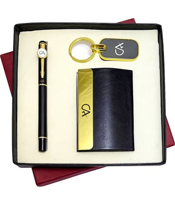 UJJi CA Gifts 3in1 Golden Part Black Body Pen, Keychain and ATM Card Holder
